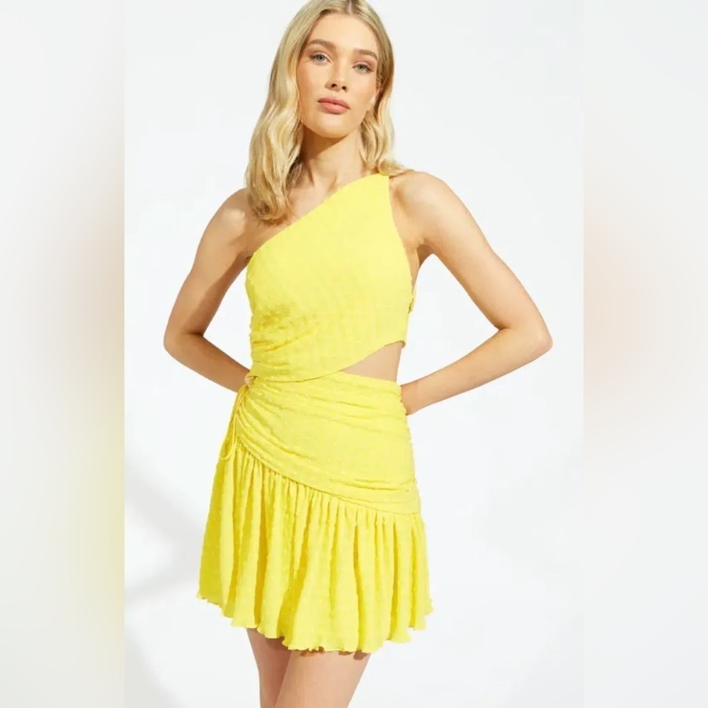 NWT Alice McCall Lolita Mini Dress One Shoulder Cutout Mango Yellow Dot US 2